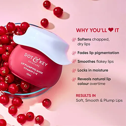 Dot & Key Lip Plumping Mask with Shea Butter & Vitamin C   E for Naturally Glowing Lips | Fades Lip Pigmentation | Smoothes Flaky & Dry Lips | Lip Mask For Soft, Smooth & Plump Lips | (Lingonberry) | 15ml