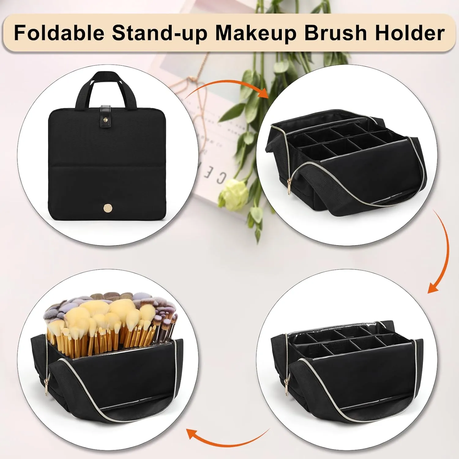 Large Capacity Foldable Travel Makeup Brushes Case Makeup Bag with Detachable Dividers