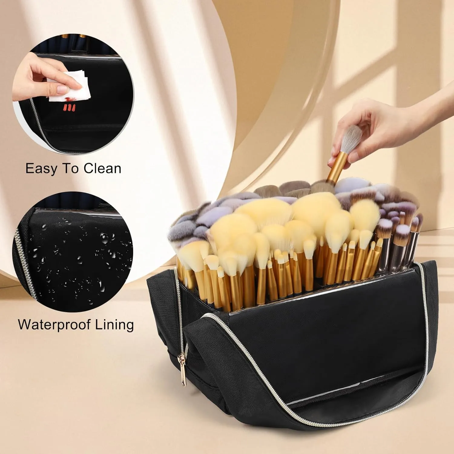 Large Capacity Foldable Travel Makeup Brushes Case Makeup Bag with Detachable Dividers