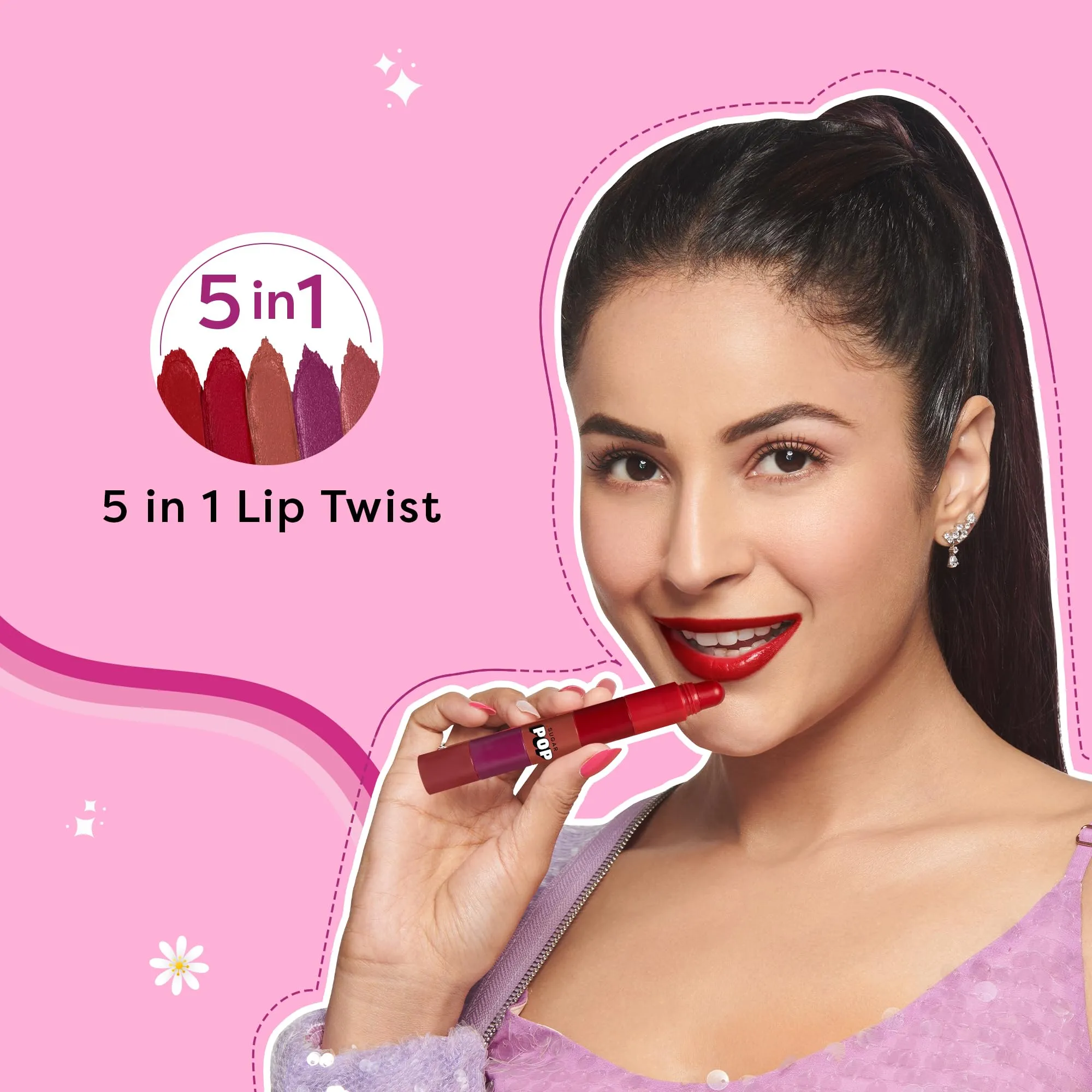 SUGAR POP 5 in 1 Lip Twist - 01 Perfect Pout | Multi-use Stackable Lipsticks for Women | Satin Matte Hydrating Formula | 8g